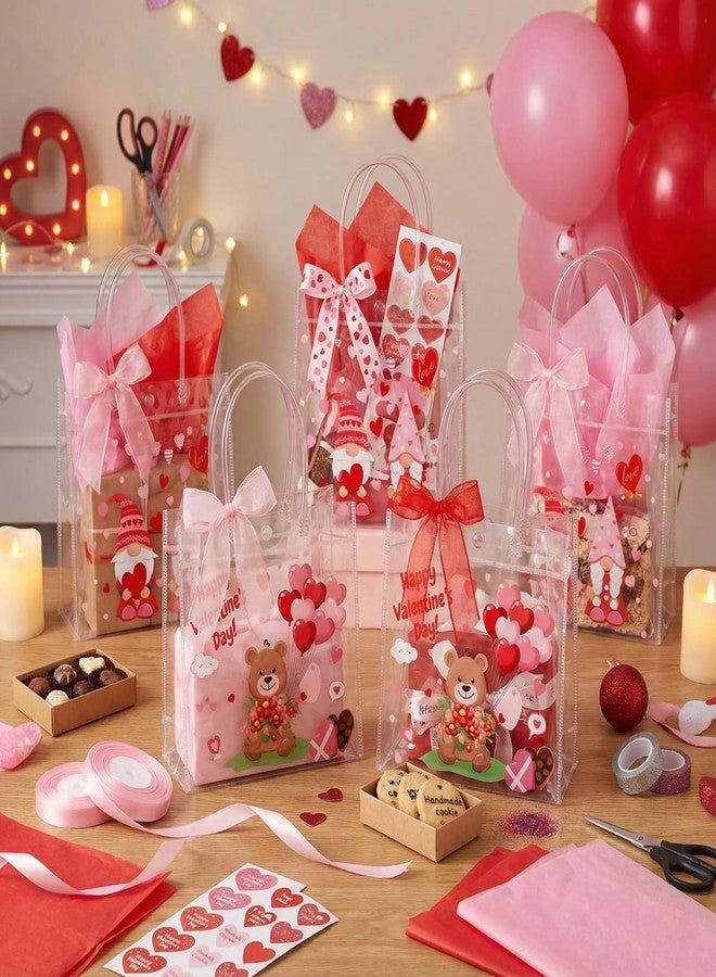 Henoyso 24 Pcs Valentines Clear Gift Bags Plastic Pink Candy Goodie Treat Bag Valentines Day Party PVC Totes with Handles Ribbon Galentines Day Party Favors, 7.8 x 7.8 x 3.1 Inches - Image 4